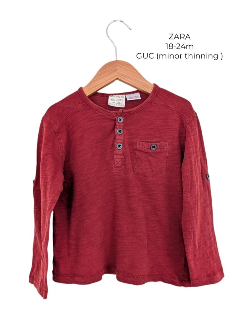 ZARA Red Long Sleeve Henley Shirt 18-24m Baby Clothes